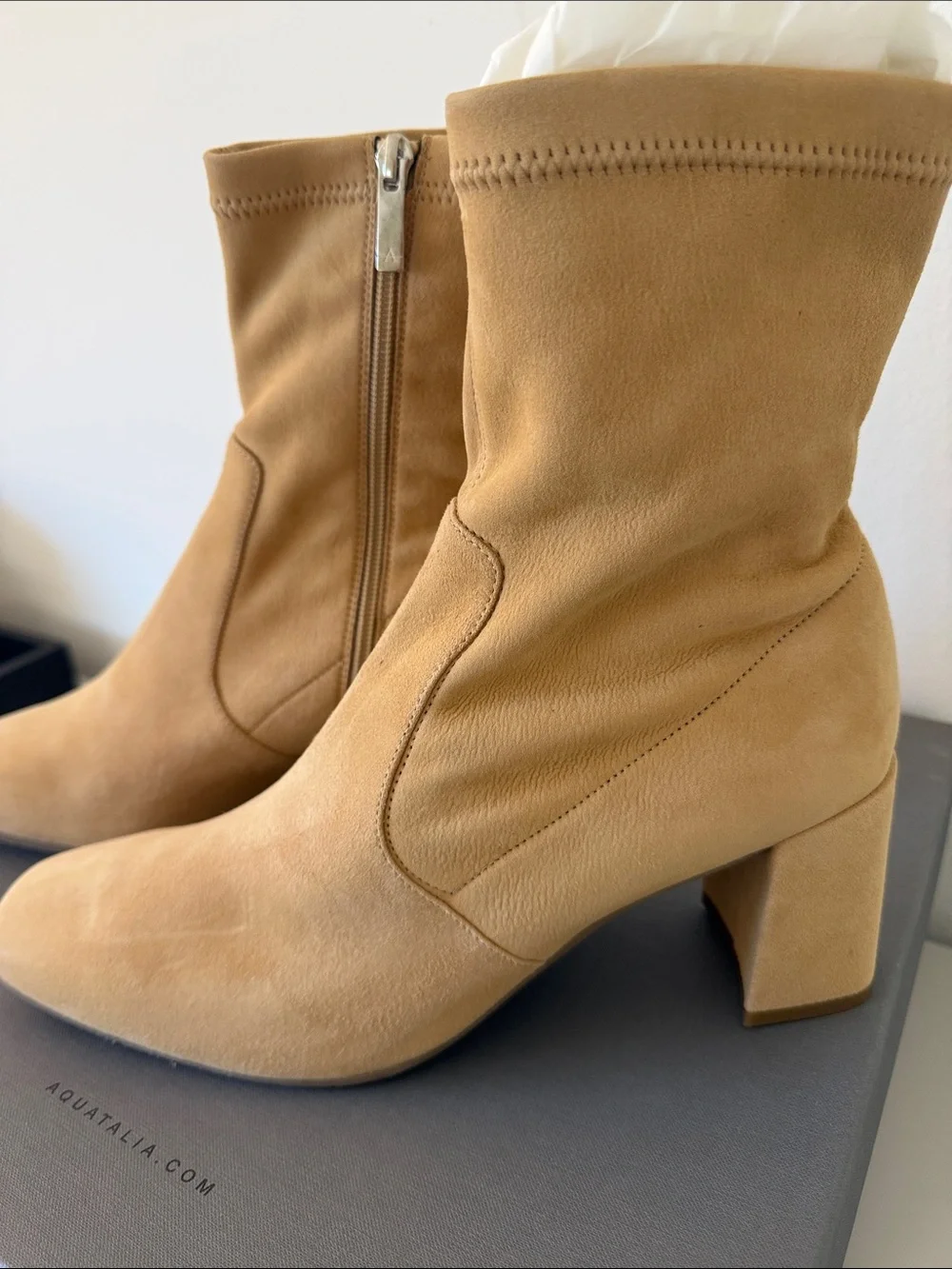 Aquatalia Tan Suede Ankle Boots with Side Zippers